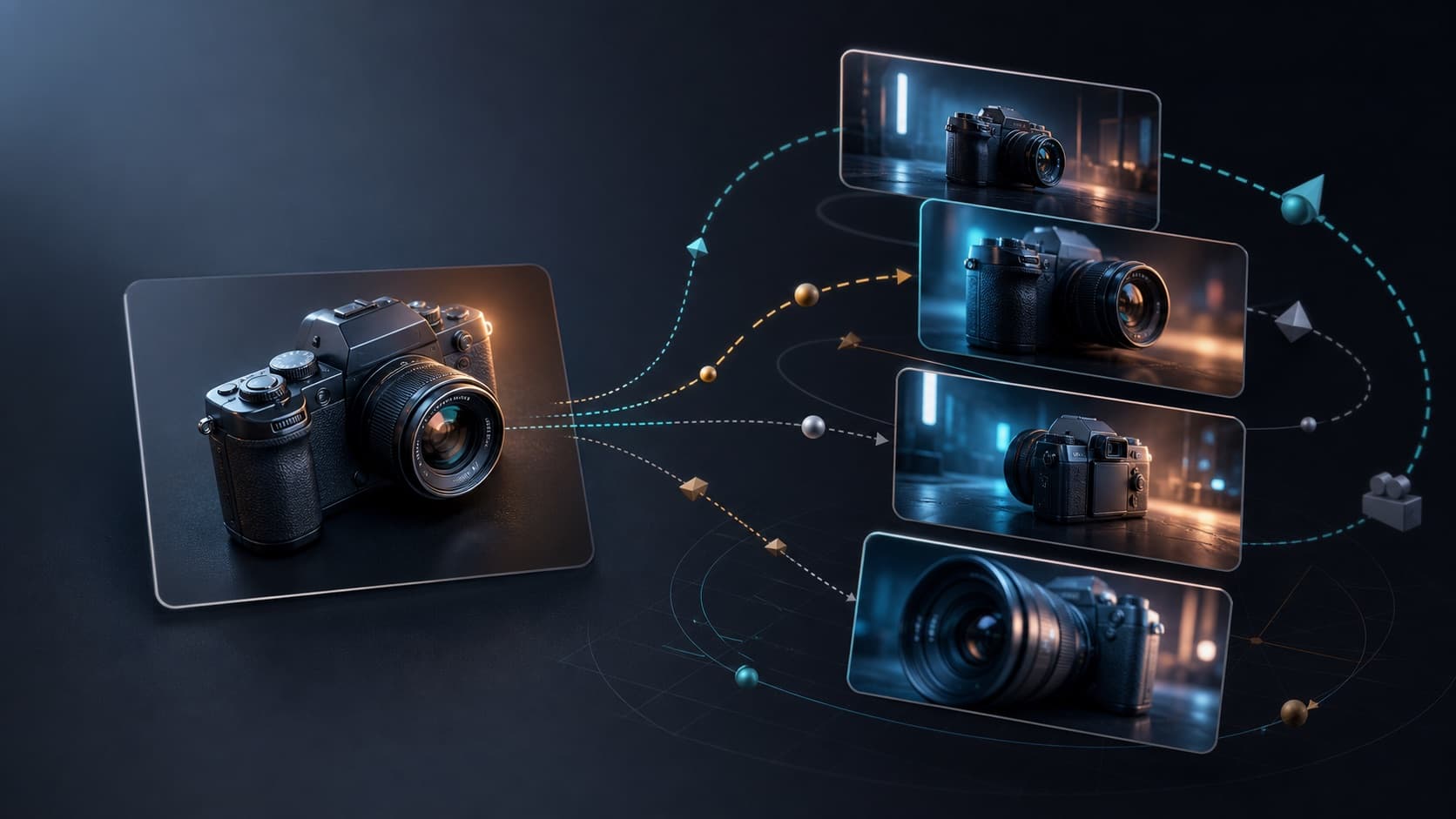 Camera movement paths transforming one source image into multiple video frame angles